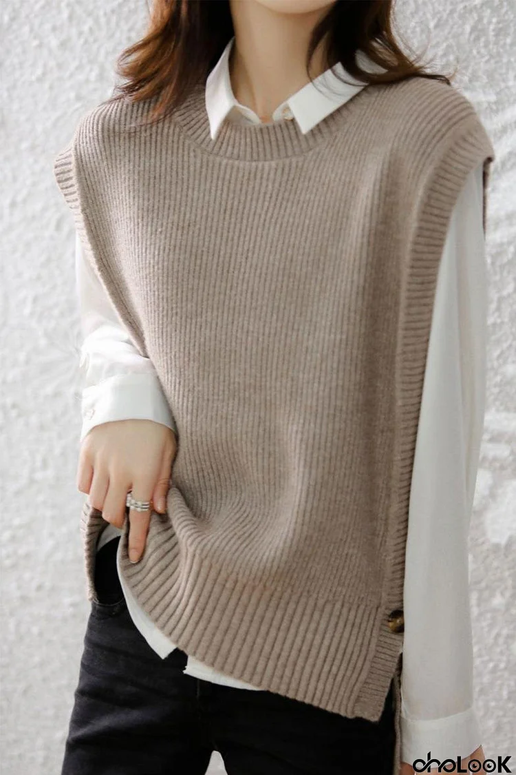 Crew Neck Solid Color Wool Sweater Vest