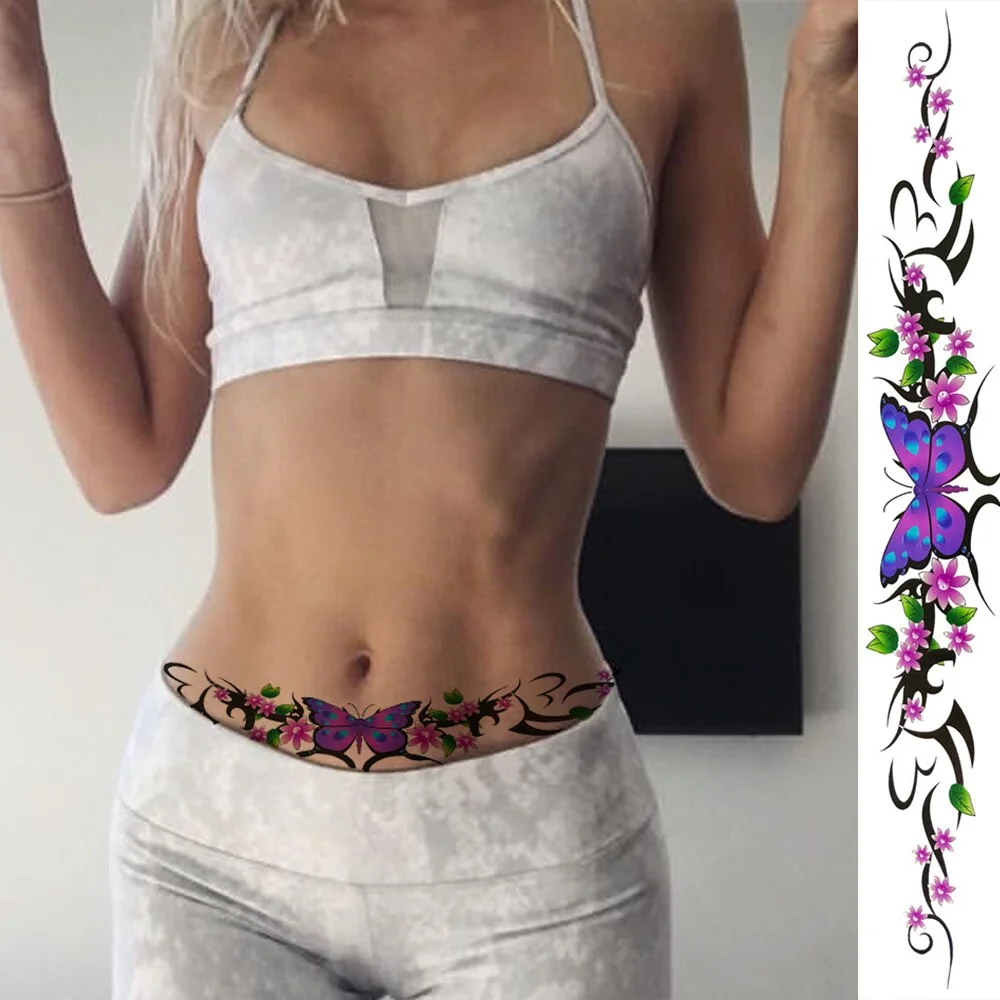 Sdrawing Flower Temporary Tattoos For Women Girls Fake 3D Orchid Rose Tatoo Sticker Long Bramble Sexy Waist Tattoo Realistic