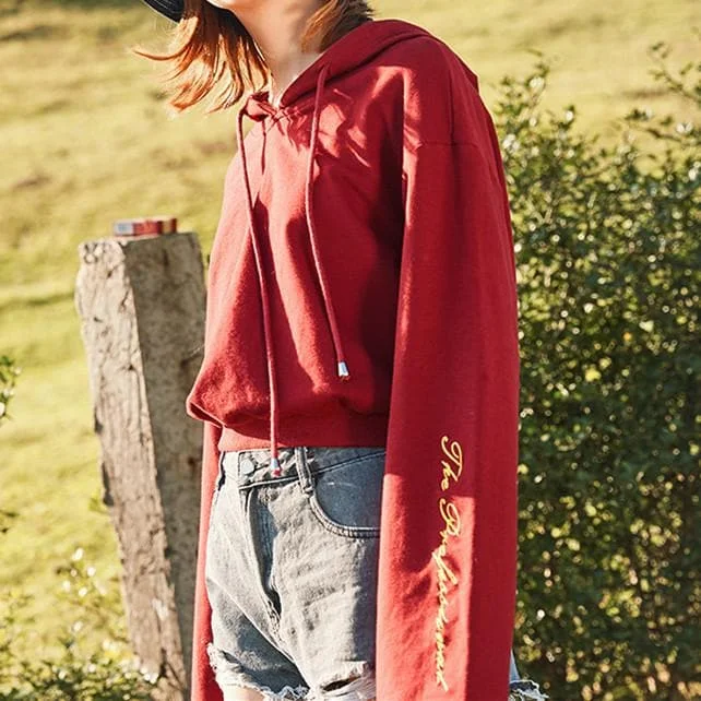 Red Retro Embroidery Short Hoodie Jumper SP1711330