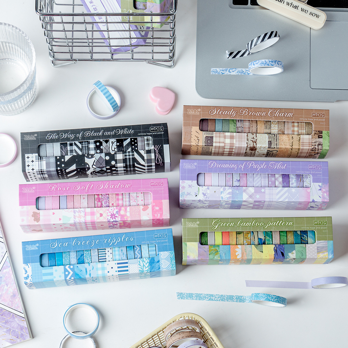 와시 테이프 - 20롤/세트 빛과 그림자 줄무늬 시리즈 빈티지 패턴