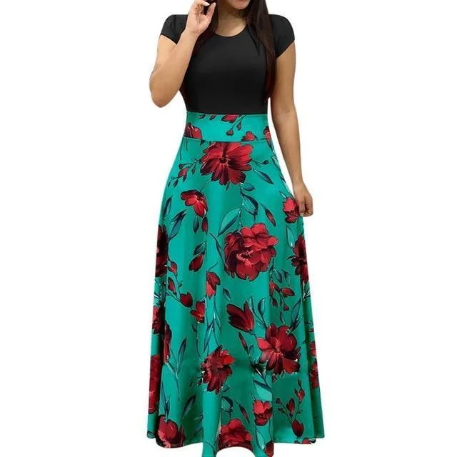 Women Stylish Floral Print Patchwork Casual Short Sleeve Maxi Dresses