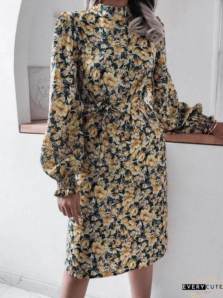 Dresses Floral Stand Collar Lantern Long Sleeve Chiffon Dress for Women