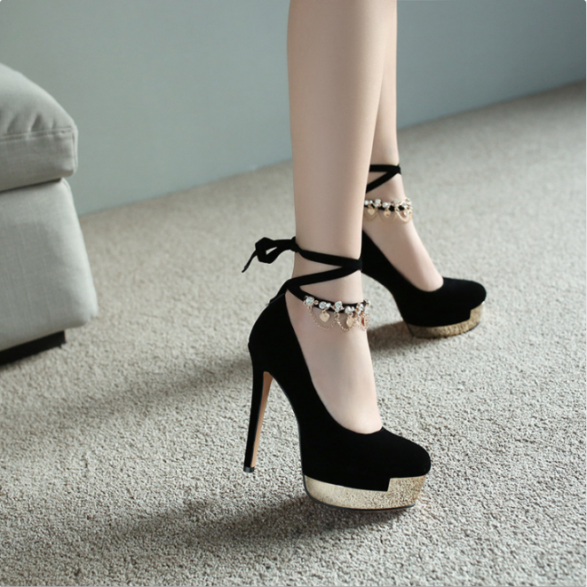 GOOSHOE Black Suede Embellished Ankle Strap Pumps