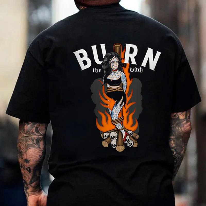 BURN THE WITCH Skulls Graphic Causal Black Print T-shirt