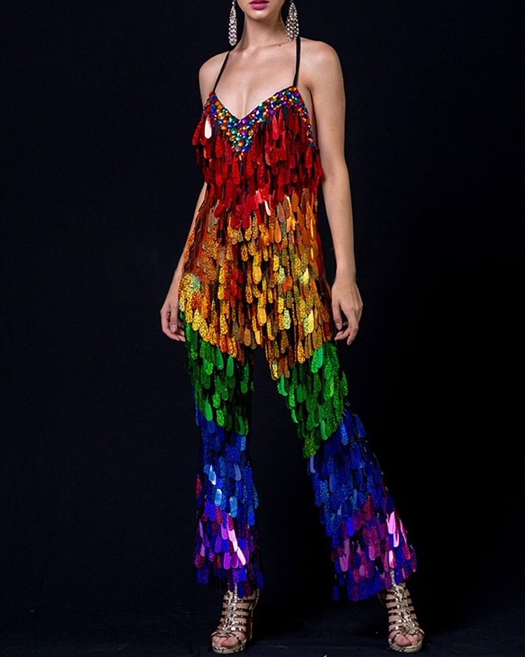 Multicolored Teardrop Sequined Camisole Jumpsuit