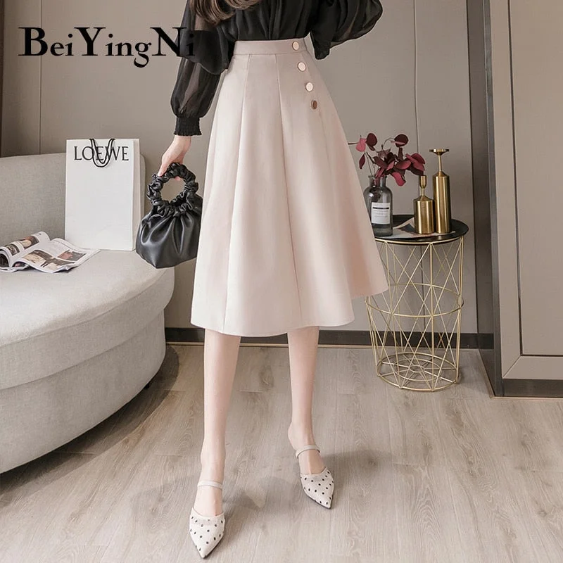 Beiyingni Swing Women Skirt Buttons Elegant Korean Casual Solid Color High Street Skirts Woman Spring Summer Saias Mujer Faldas