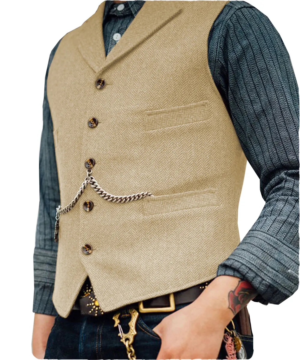 Men's Lapel V Neck Wool Herringbone Casual Waistcoat Formal Groomsman Business Suit Vest For Wedding