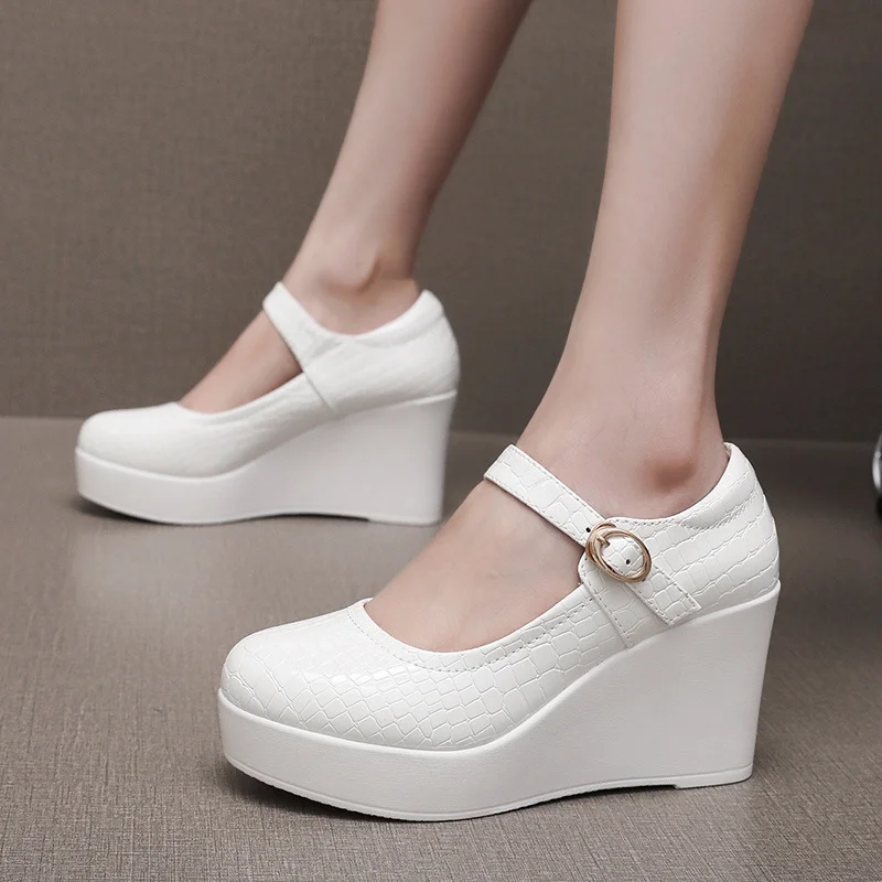 Breakj Breakj Leather Stone Slope Heel Single Shoe Round Head Light Mouth Work Shoes Thick-Soled Waterproof Table Model Show High Heels Women