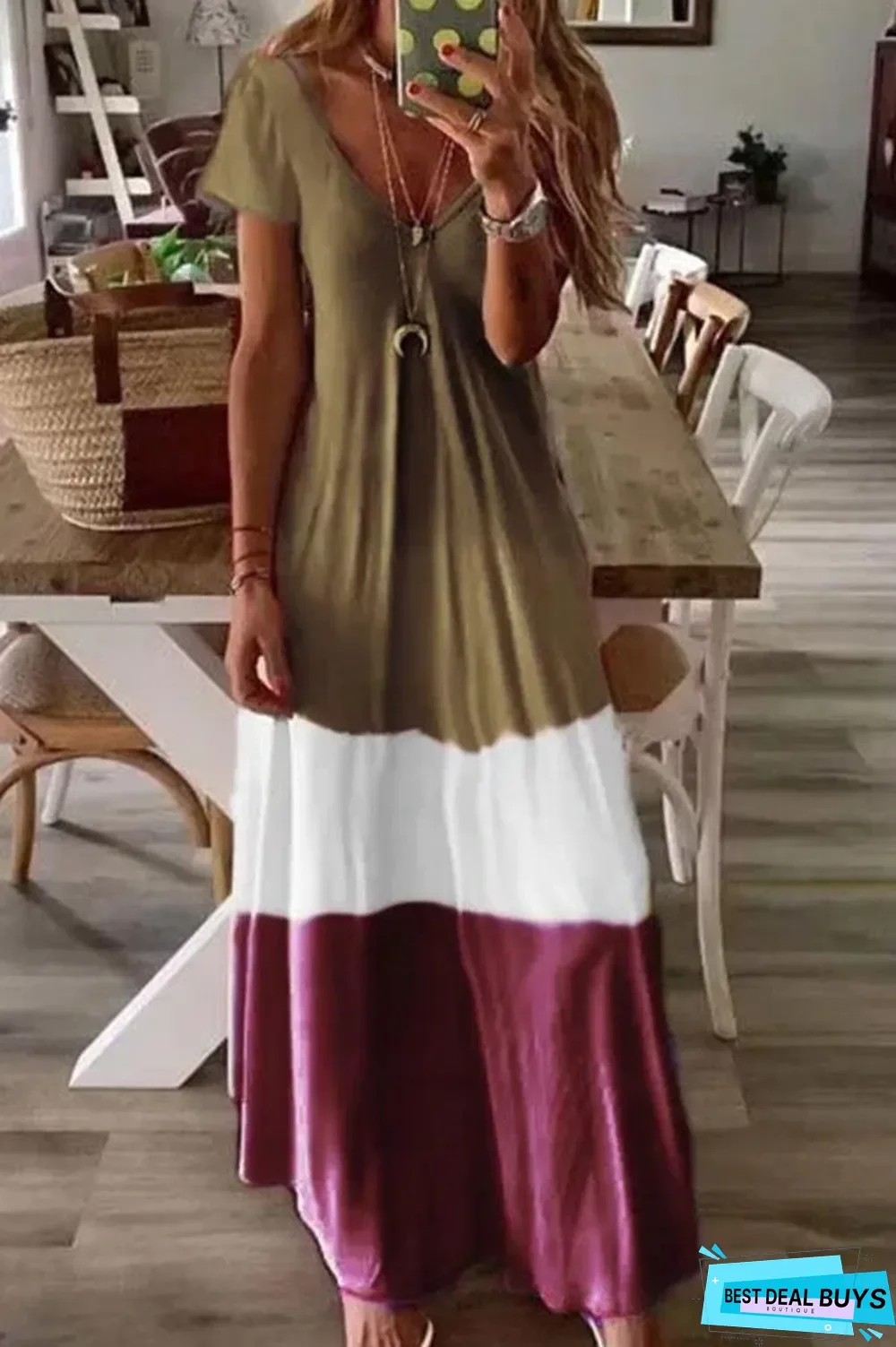 Color-Block V-Neck Short Sleeves A-Line Holiday Maxi Dress