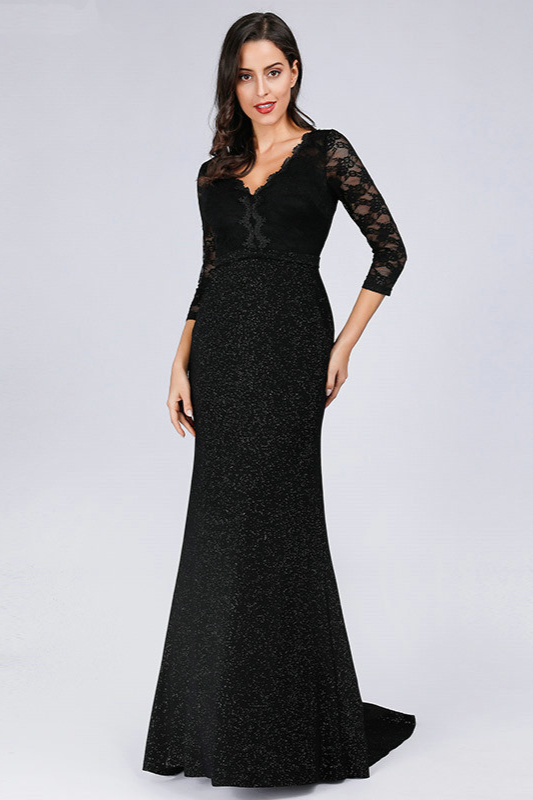 Chic Black Long Sleeve Lace Sequins Mermaid Evening Prom Dress - lulusllly