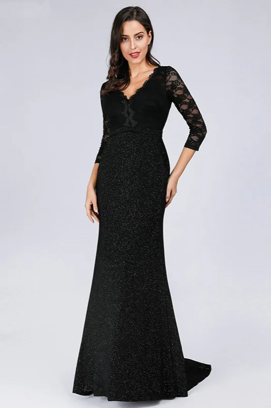 Sexy Black Long Sleeve Lace Sequins Mermaid Evening Prom Dress