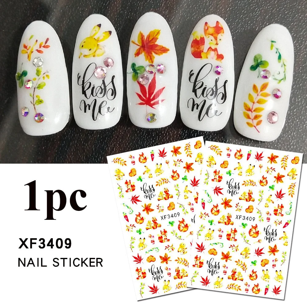 1PC Fall Leaf Flowers Line 3D Nail Sticker Mape Leaves Waves Pattern Decals Slider DIY Nail Art Decoration Wraps For Manicures-Nail Inspo