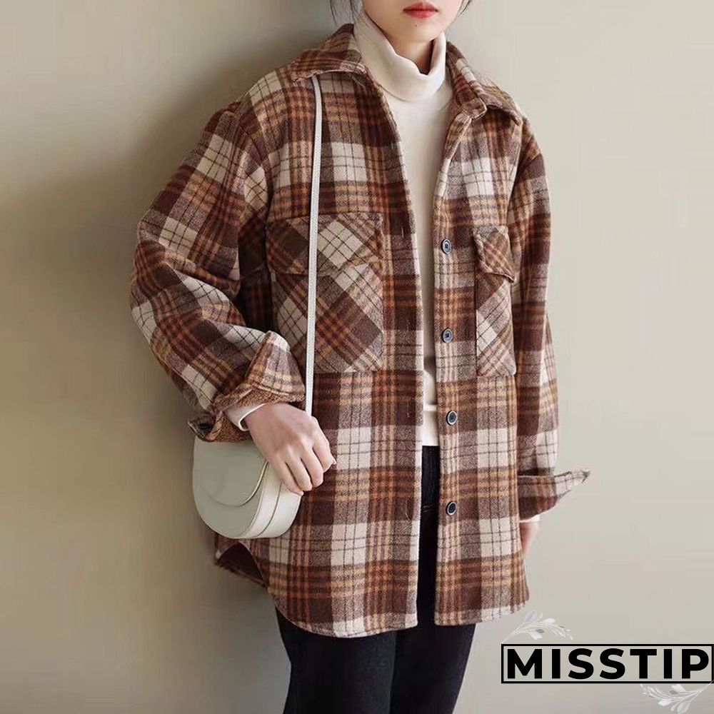 Classic Thick Colorblock Checked Button Down Shirt Jacket Woolen