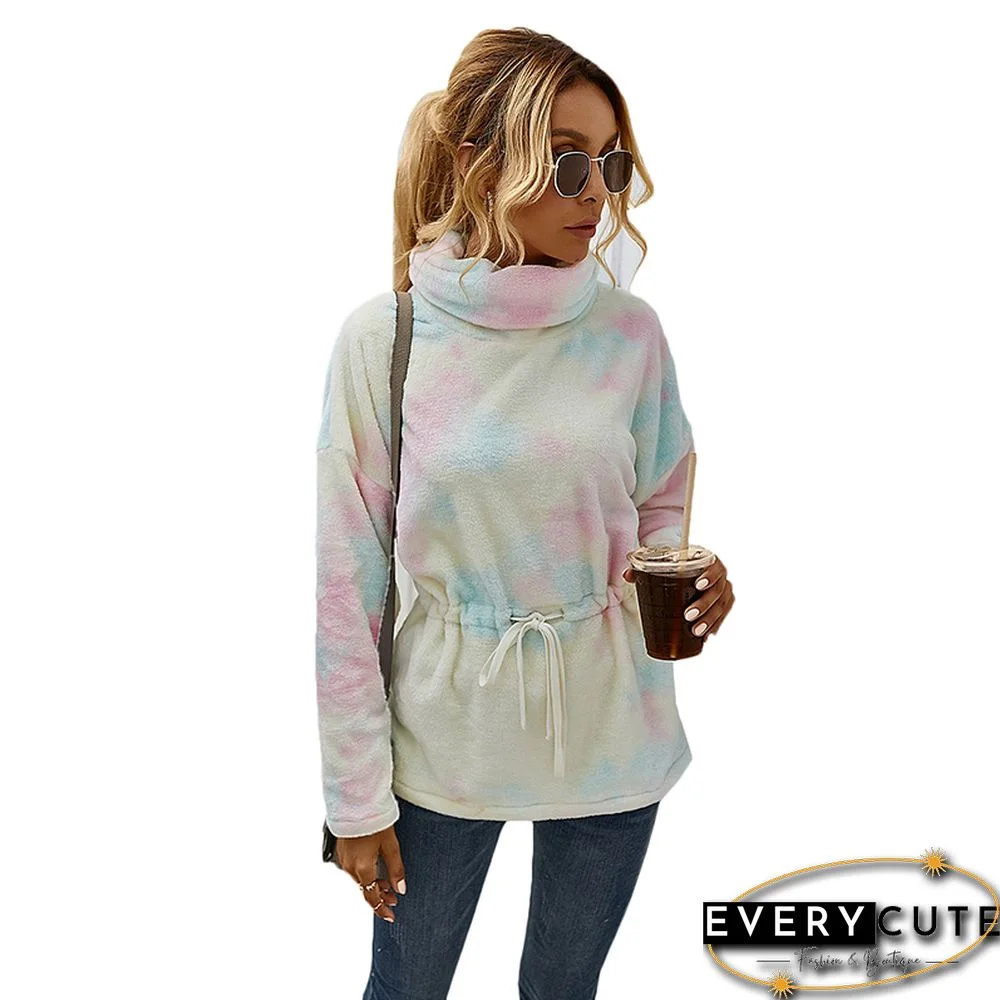 Light Pink Cowl Neck Tie Dye Print Hoodie