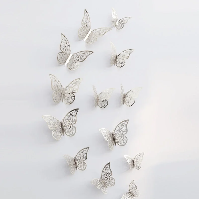 12 Pcs/Set 3D Wall Stickers Butterfly Hollow Paper 3Sizes Silver Gold for Fridge Stickers Home Party Wedding Decor Free Shipping