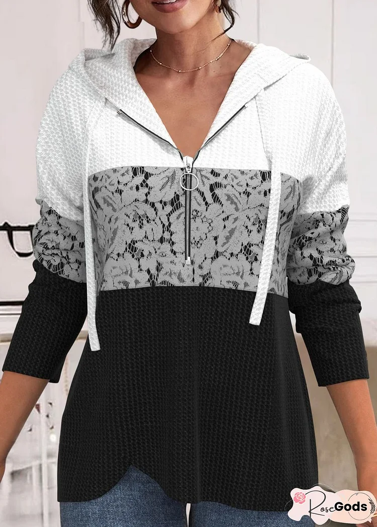 Lace Panel Loose Hooded Long Sleeve Sweatshirt