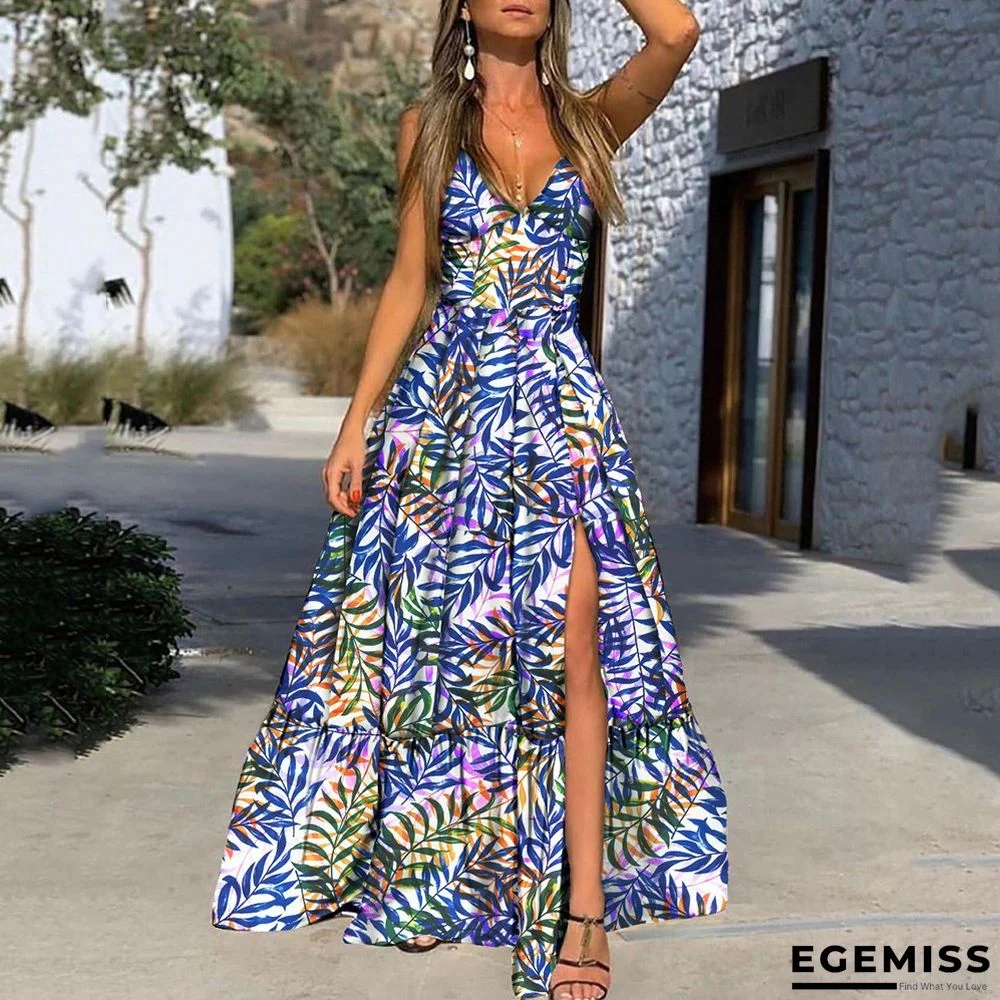 Deep V Suspender Printed Leaf Dress | EGEMISS