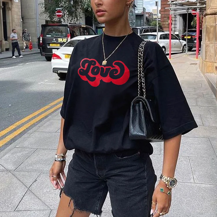 Color Block Love Print Short Sleeve T-Shirt