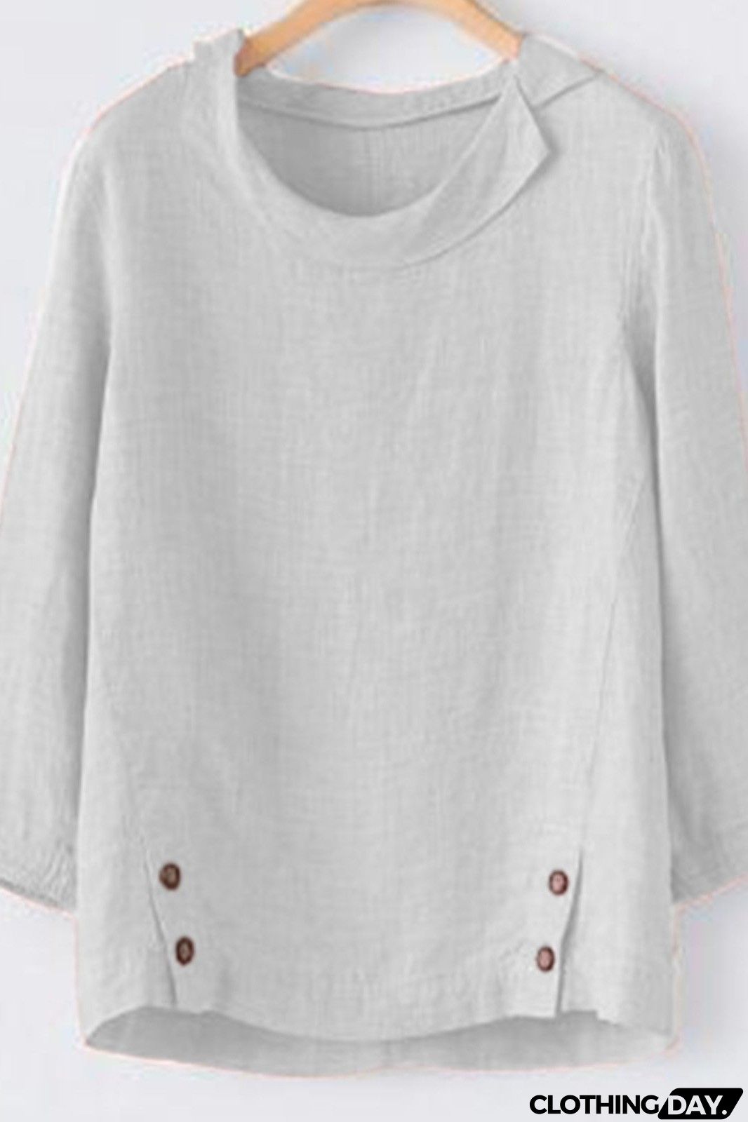Plain Buttons Round Neck 3/4 Sleeves Blouse