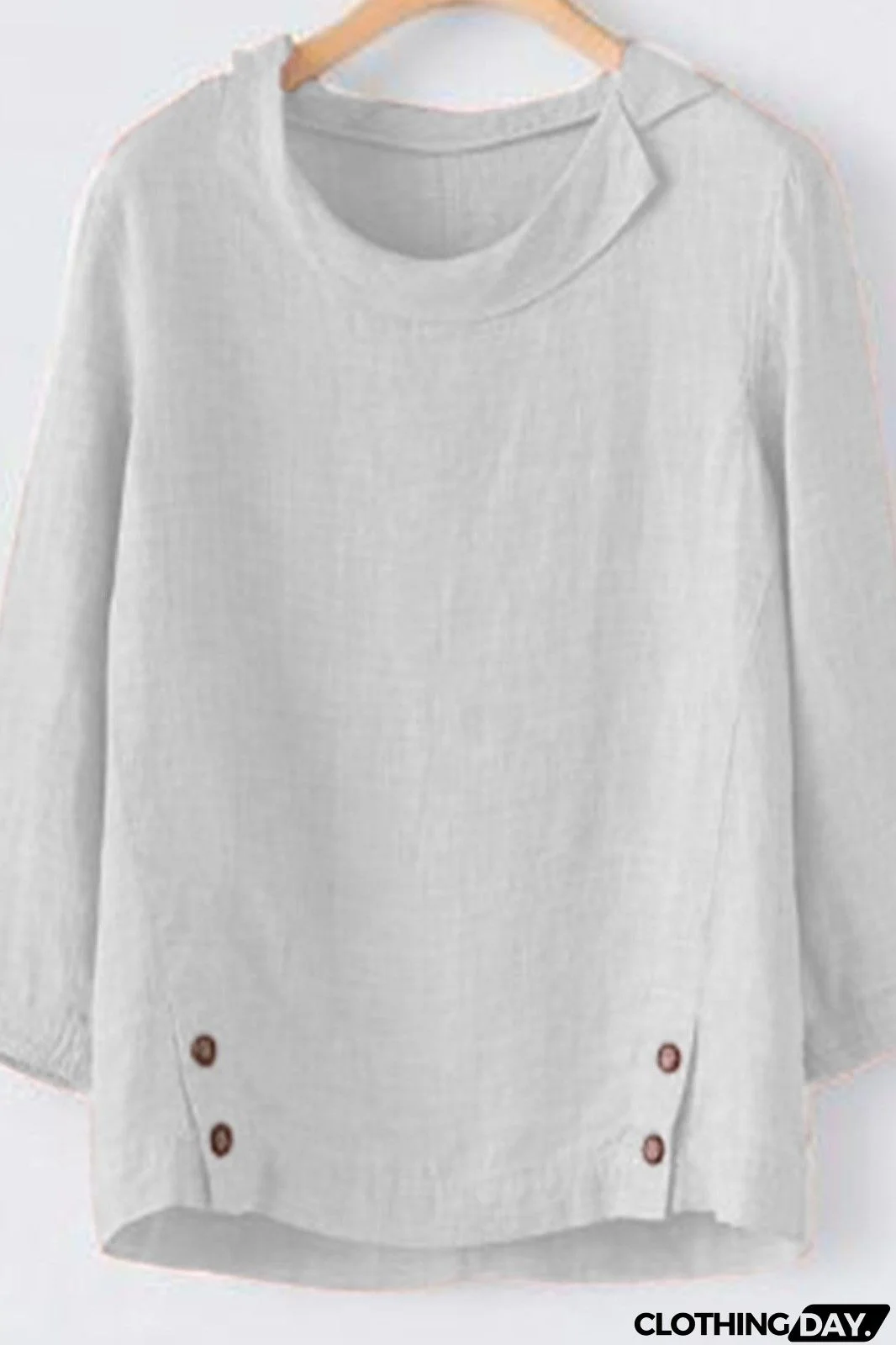 Plain Buttons Round Neck 3/4 Sleeves Blouse