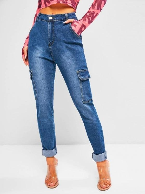 High Waisted Flap Pockets Skinny Cargo Jeans