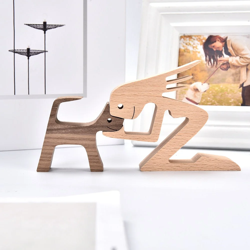 Home Decor Table Ornament Wood Dog Craft Sculpture Handmade Wooden Pets Figurine Crafs Desk Decorations Great Gifts for Friends
