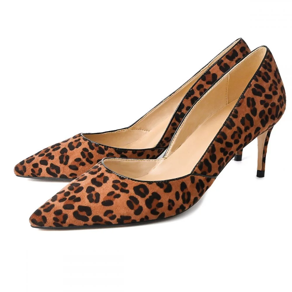 Women's Suede Kitten-heel Pointed Toe Leopard Printed Heels Shoes