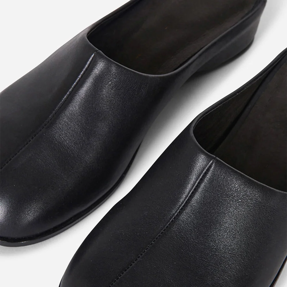Black Faux Leather Round Flat Casual Slip On Women's Mules Shoes