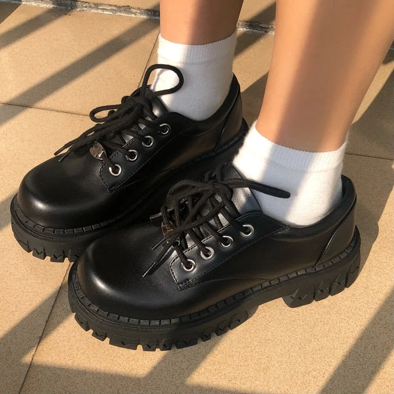 Lourdasprec Women Oxfords 2022 Spring Autumn Casual Platform Shoes Black Lace Up Leather Shoe Sewing Fashion Round Toe Chunky Sole Flats