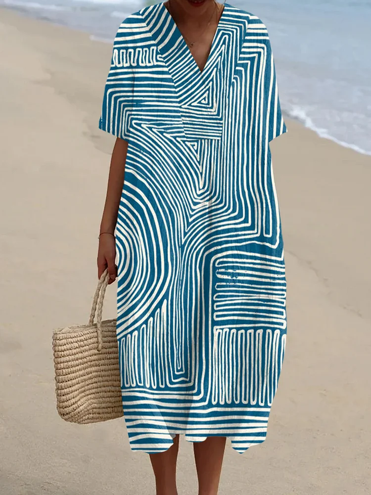 Vintage Unisex Abstract Art V-Neck Midi Dress