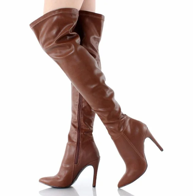 Brown Thigh High Heel Boots Pointy Toe Stiletto Heel Long Boots |FSJ Shoes