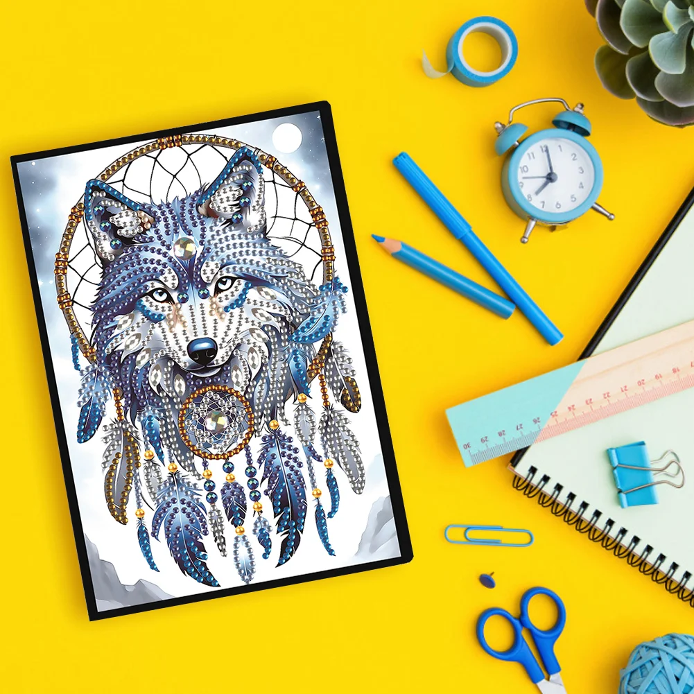 Animal Diamond Painting Notebook DIY Diamond Art Diary Book(Dreamcatcher Wolf B)