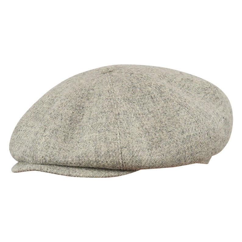 PEAKED CAPS Genuine Scottish Harris Tweed 8 Panels Newsboy Cap Apple Bandit Hooligan Blinder Hat Shelby Wool Large Crown Light GRAY