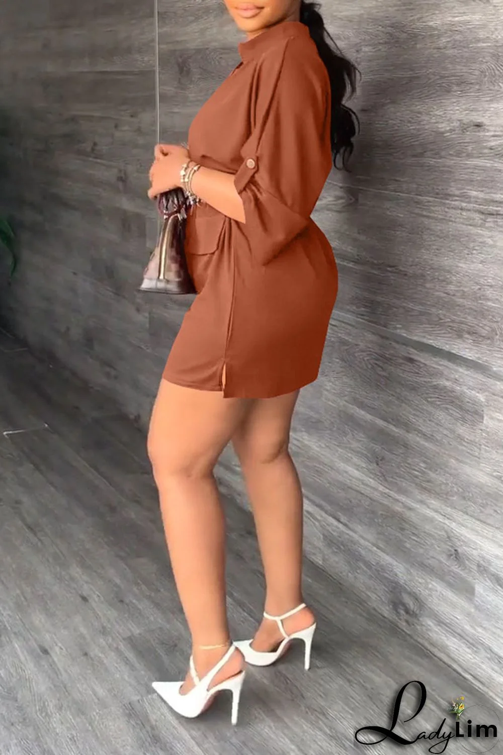 Tangerine Casual Solid Patchwork Draw String V Neck Straight Dresses