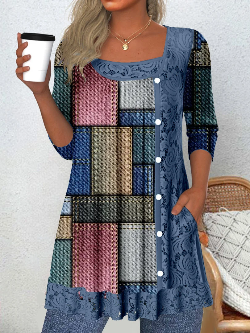 Women's Long Sleeve Scoop Neck Graphic Lace Tops