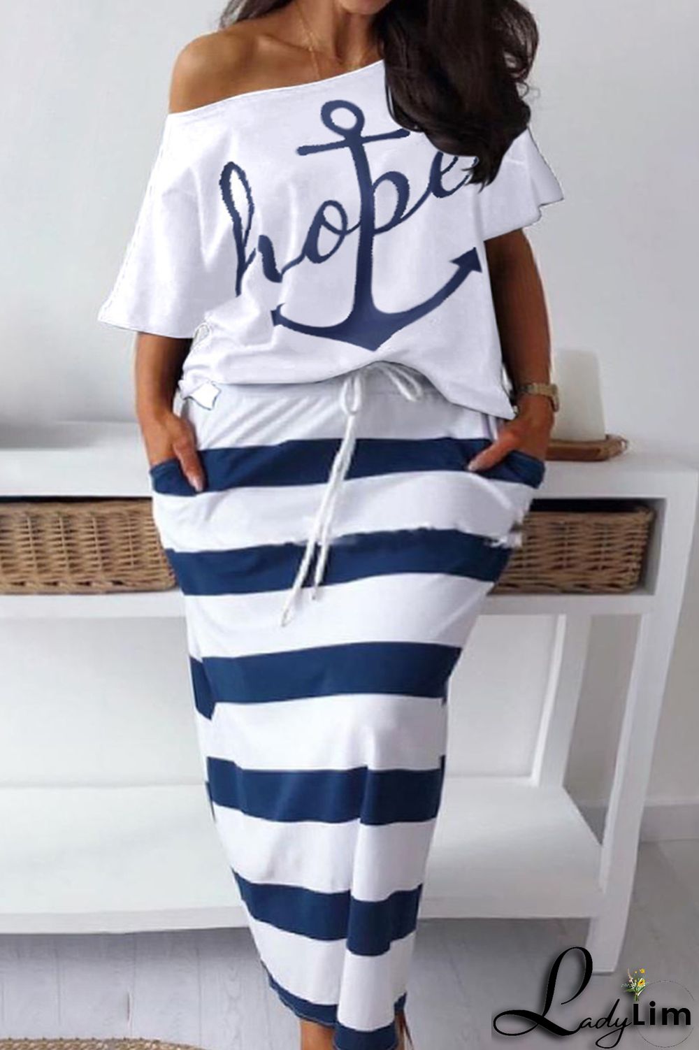 Deep Blue Fashion Casual Print Basic Oblique Collar Plus Size Two Pieces