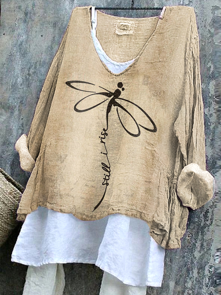 Comstylish Dragonfly Print Linen Blend Casual Vintage Shirt