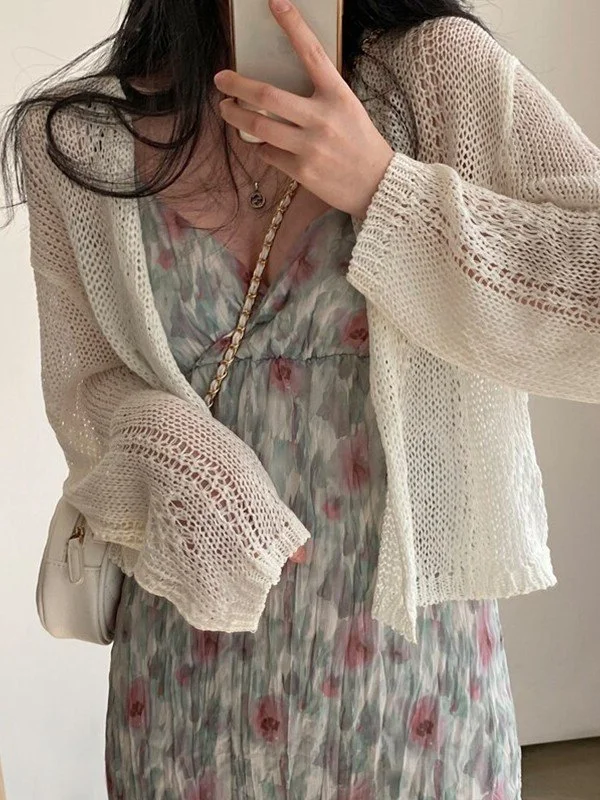White Long Sleeve Crochet Knit Cardigan