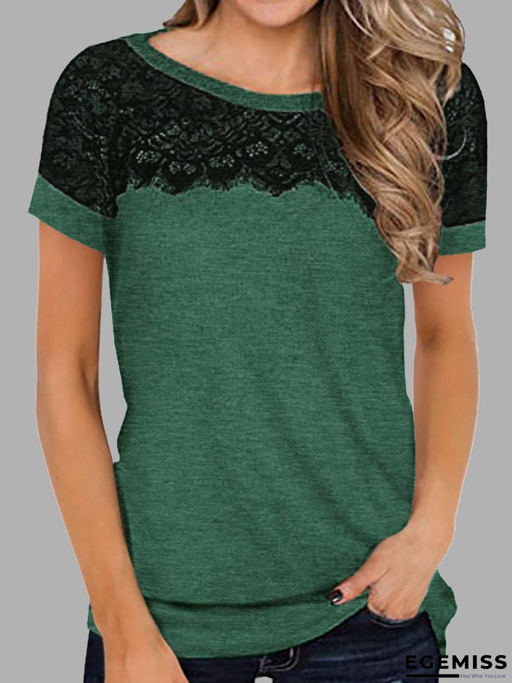 Casual Solid Color Round Neck Short Sleeve Lace Panel T-Shirt | EGEMISS