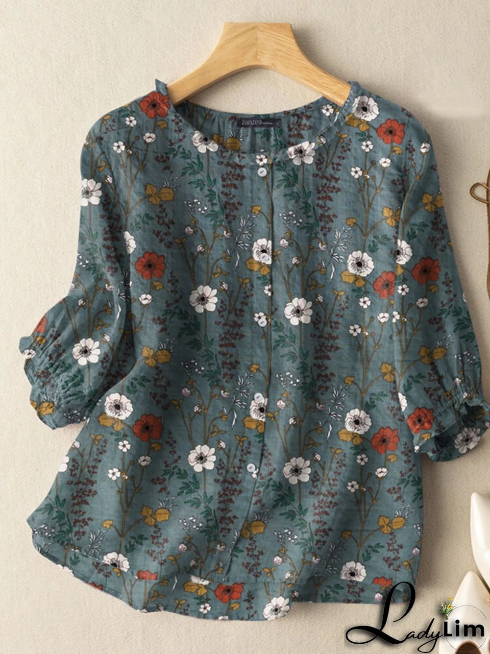Floral Print Lettuce Trim Neck Button Front Blouse
