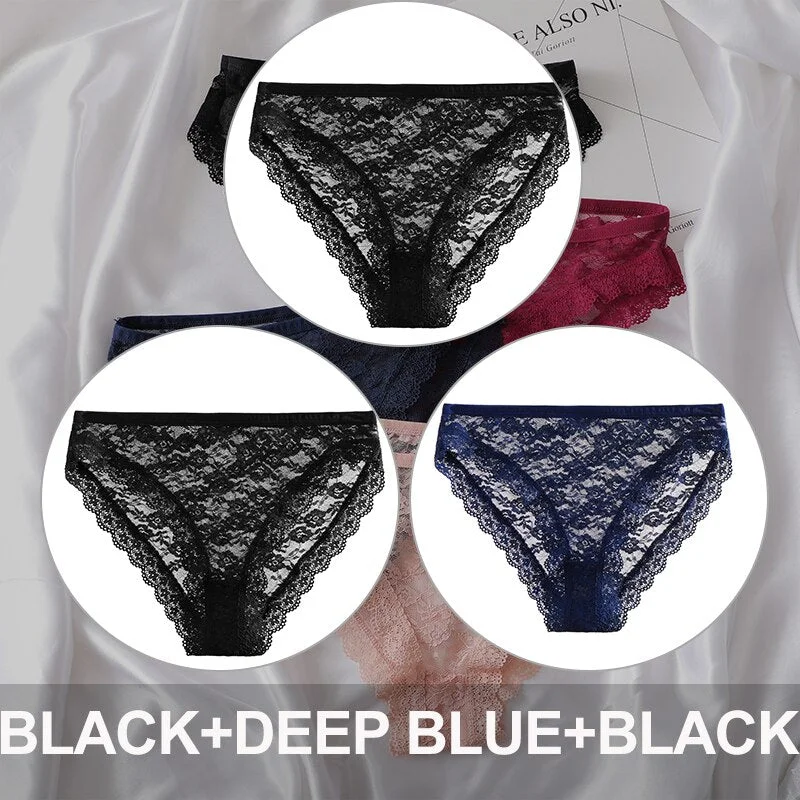 FINETOO 3PCS/Set Floral Lace Sexy Women Lingerie Panties M-2XL Plus Size Underpants Transparent Female Comfortable Briefs Girls