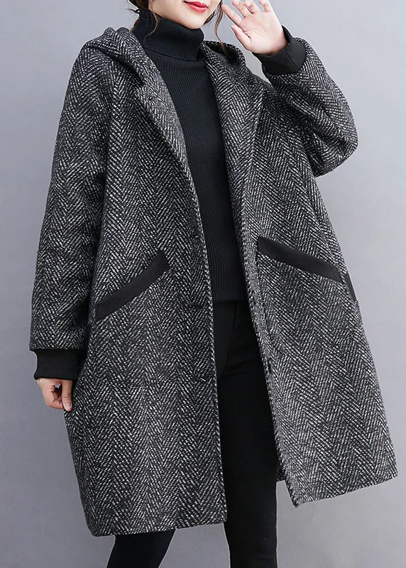 French Grey Hooded Button Pockets Thick Woolen Coats Winter