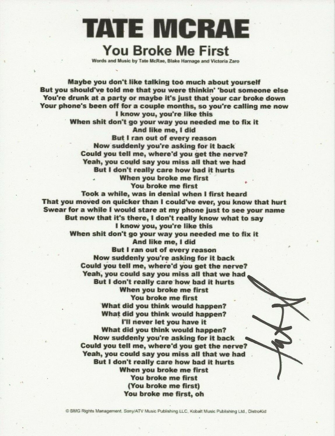 Tate McRae REAL hand SIGNED You Broke Me First Lyric Sheet #3 COA Autographed