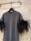 2024 Autumn Women's T-shirt Fashion Exquisite Cuff Splicing Ostrich Feather Sleeve Knitted Sweater Top Casual Hoodie
