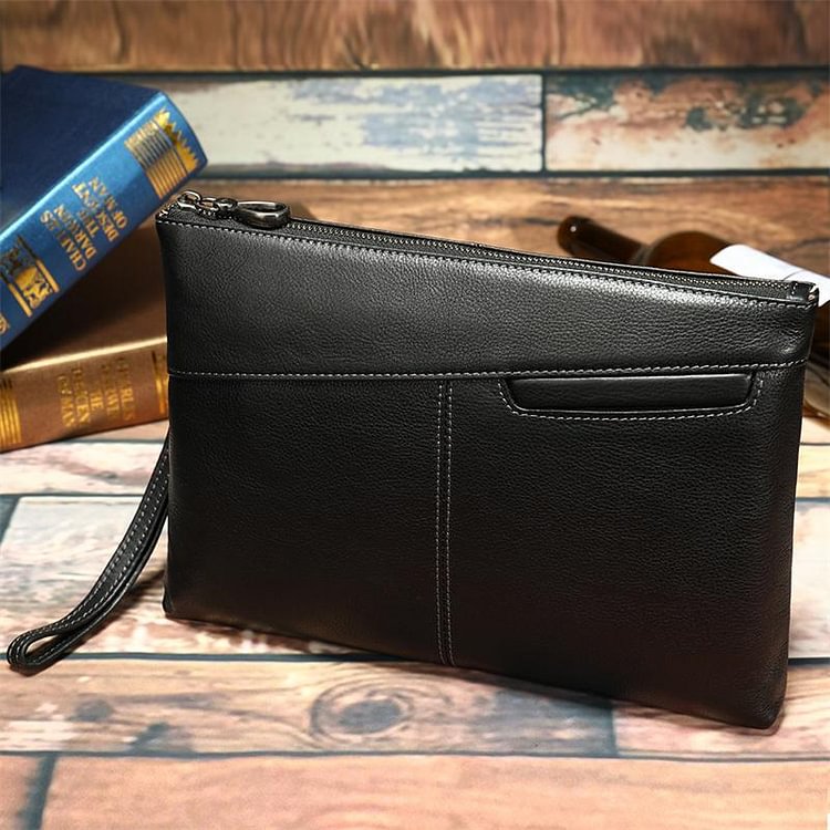 Simple Leather Casual Solid Color Zipper Design Business Clutch