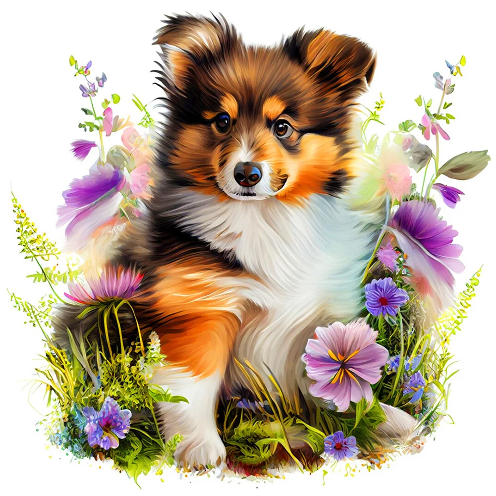 4pcs/Set Diamond Painting - Full Round Drill - Flower Dog(Canvas|30*30cm)