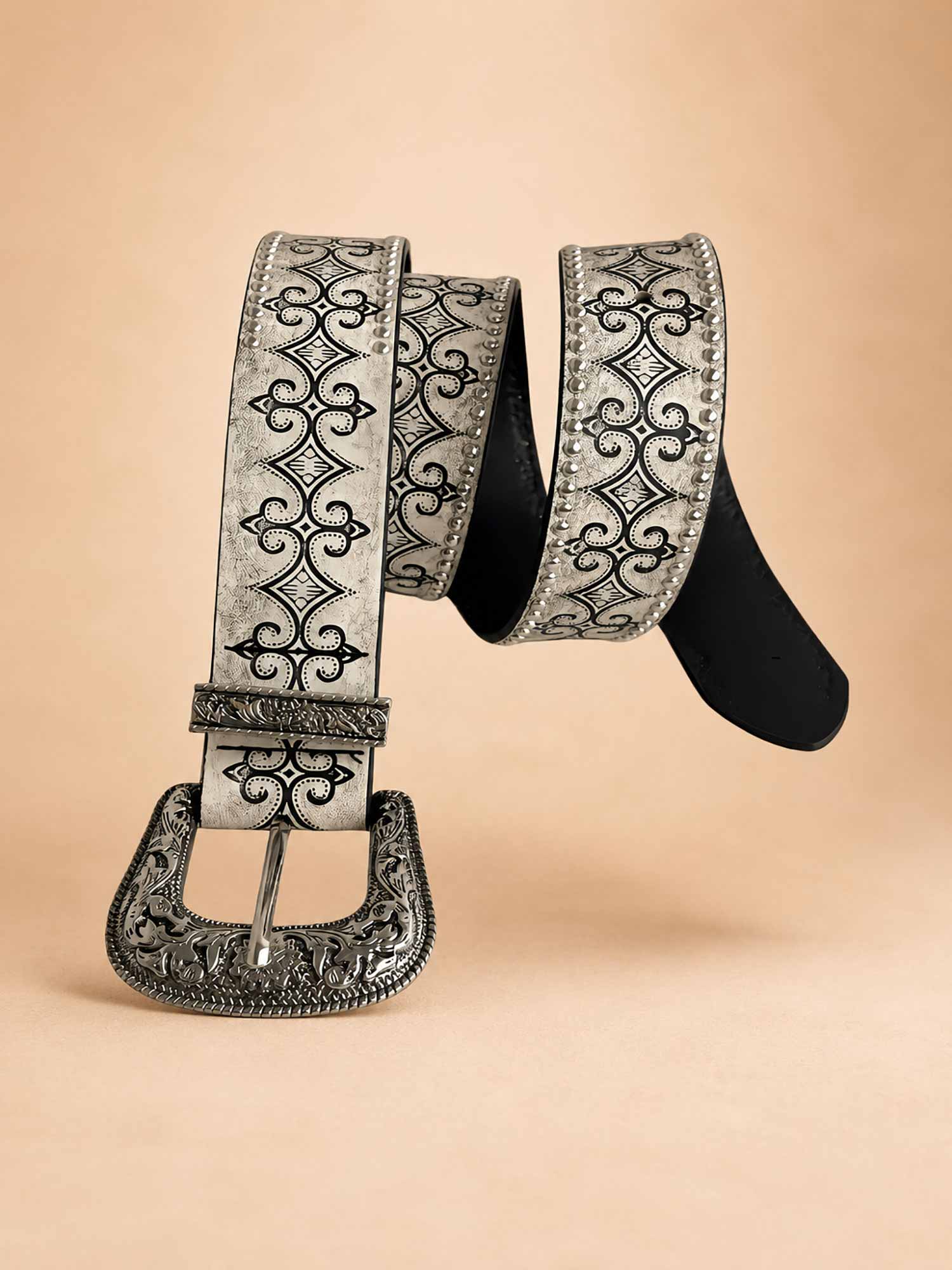 Gray Vintage Filigree Studded Faux Leather Spring/Summer 2026 Women's Western Belt