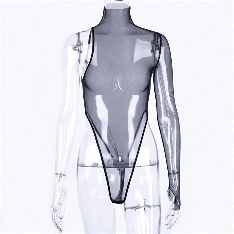 2021 New Super Sexy Bodysuit Women Black Single Sleeve See-Through Ultra-Thin Mesh Fabric Turtleneck High Leg Thong Body Suit