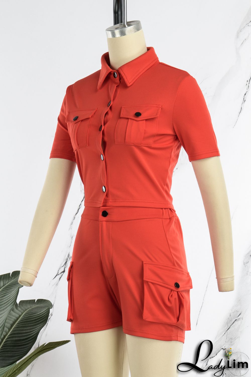 Red Casual Solid Patchwork Turndown Collar Short Sleeve Two Pieces