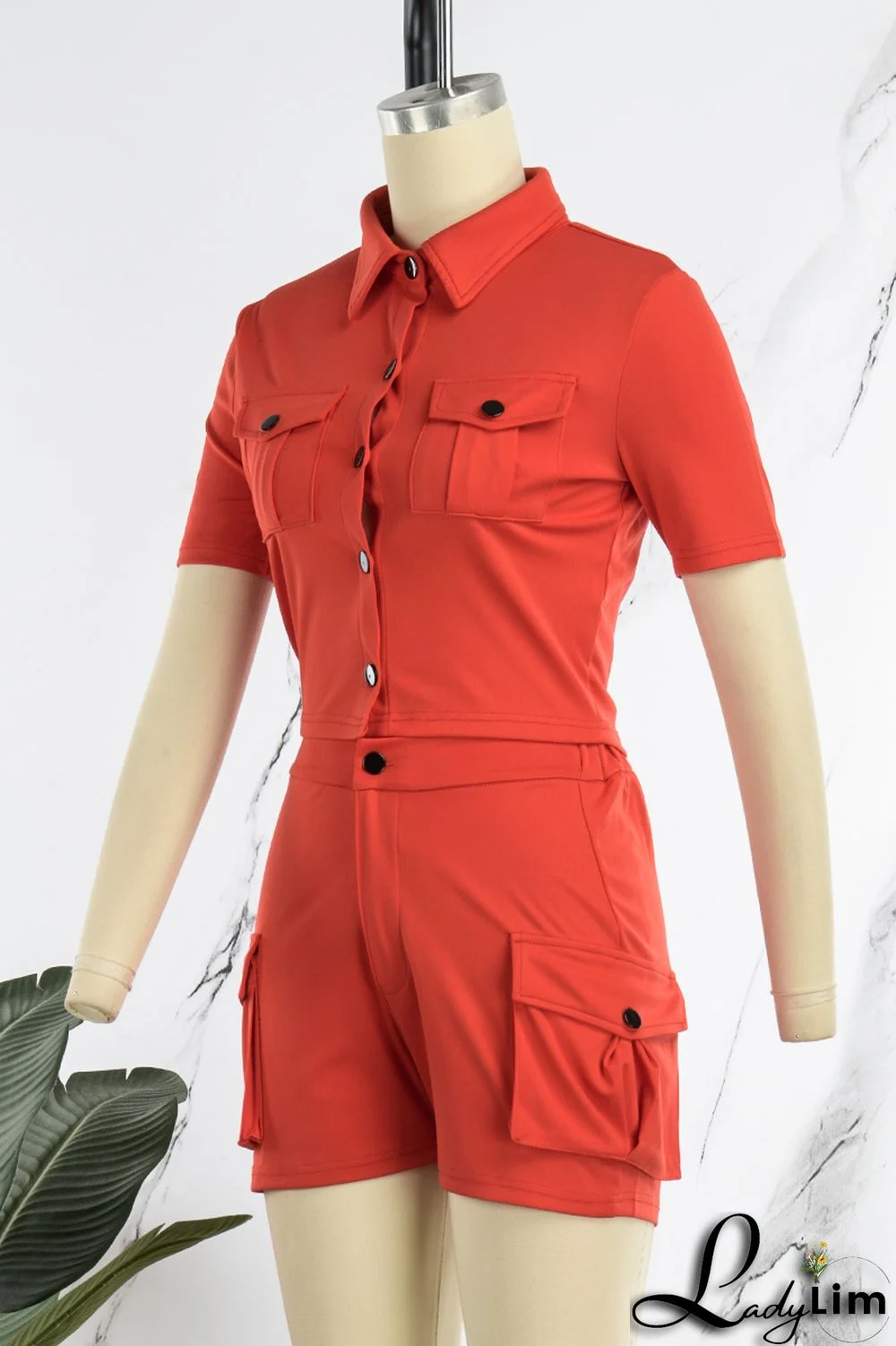 Red Casual Solid Patchwork Turndown Collar Short Sleeve Two Pieces